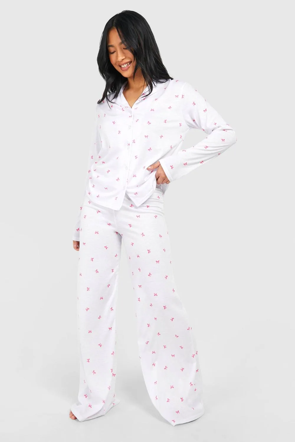 Bow Print Long Sleeve Shirt & Trousers Pyjama Set by boohoo