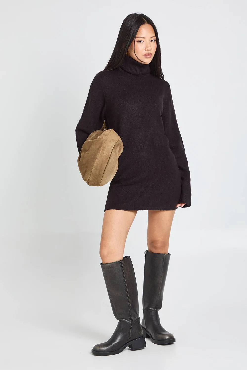 Roll Neck Chunky Knit Mini Dress by boohoo