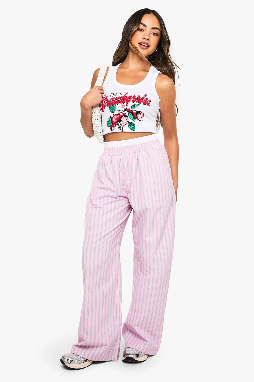 Contrast Waistband Stripe Wide Leg Trouser by boohoo