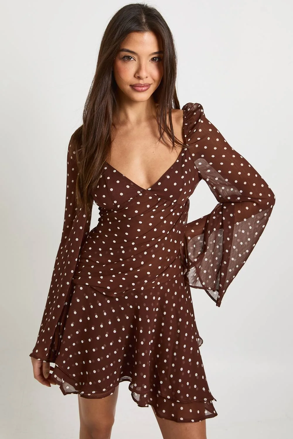 Polka Dot Ruched Sweetheart Pleated Skater Dress by boohoo