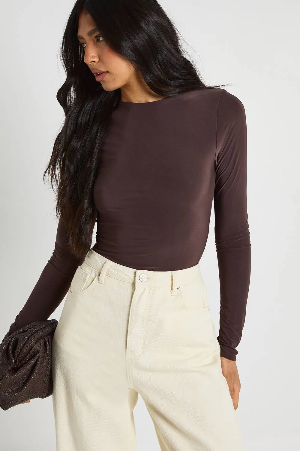 Double Layer Slinky Long Sleeve Crew Neck Bodysuit