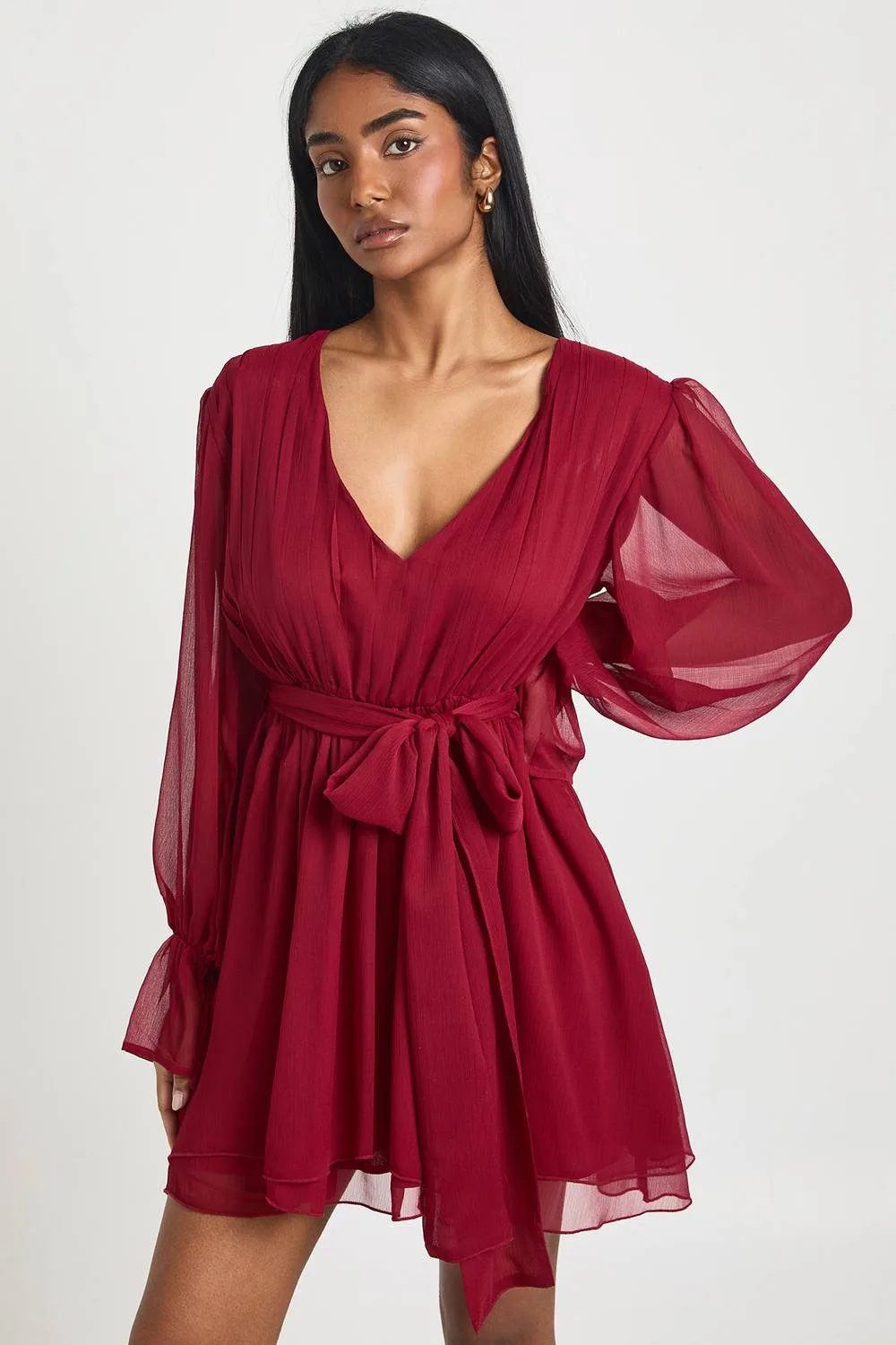 Chiffon Volume Sleeve Tie Waist Mini Dress by boohoo