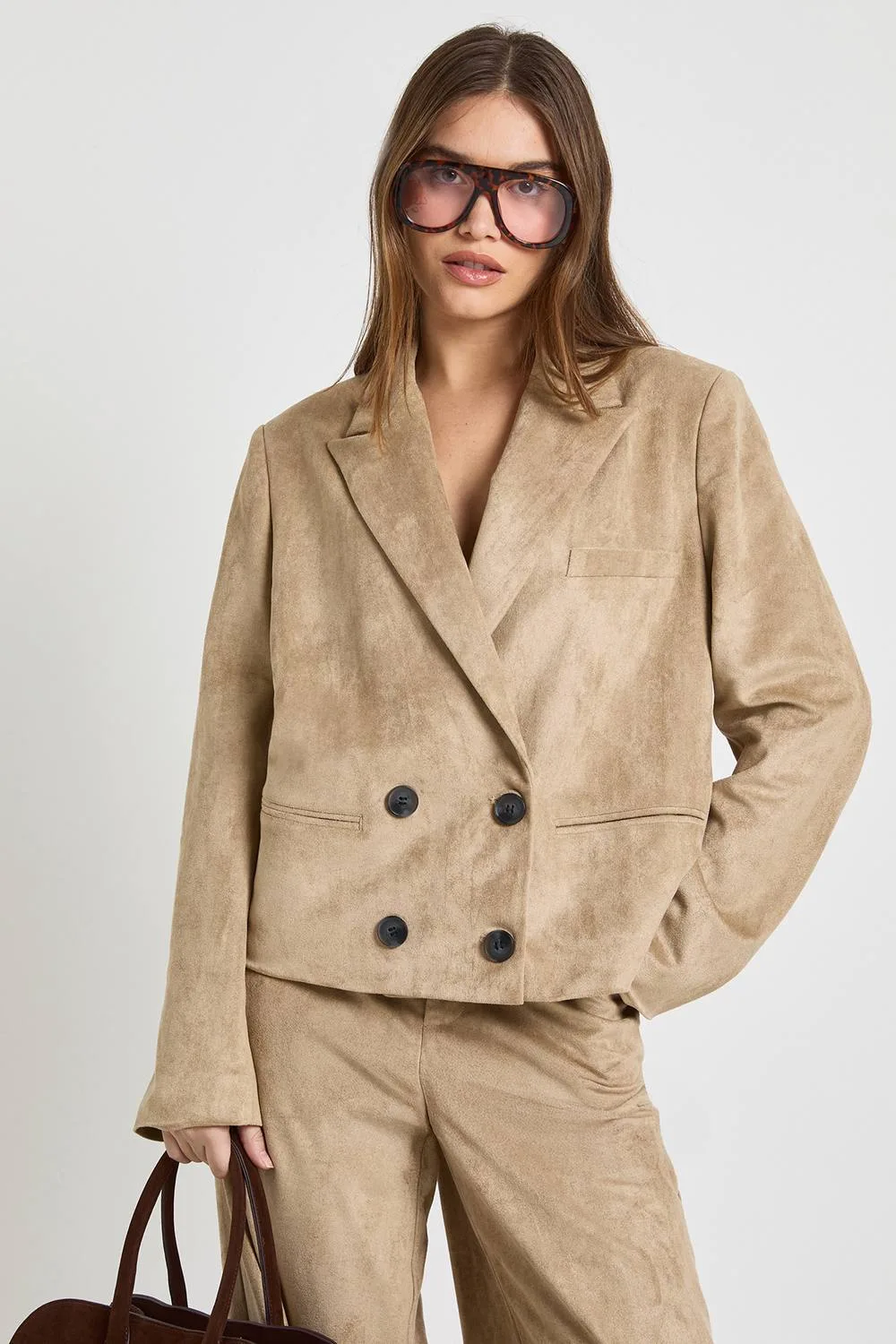 Suede Double Breasted Blazer - Stone by boohoo