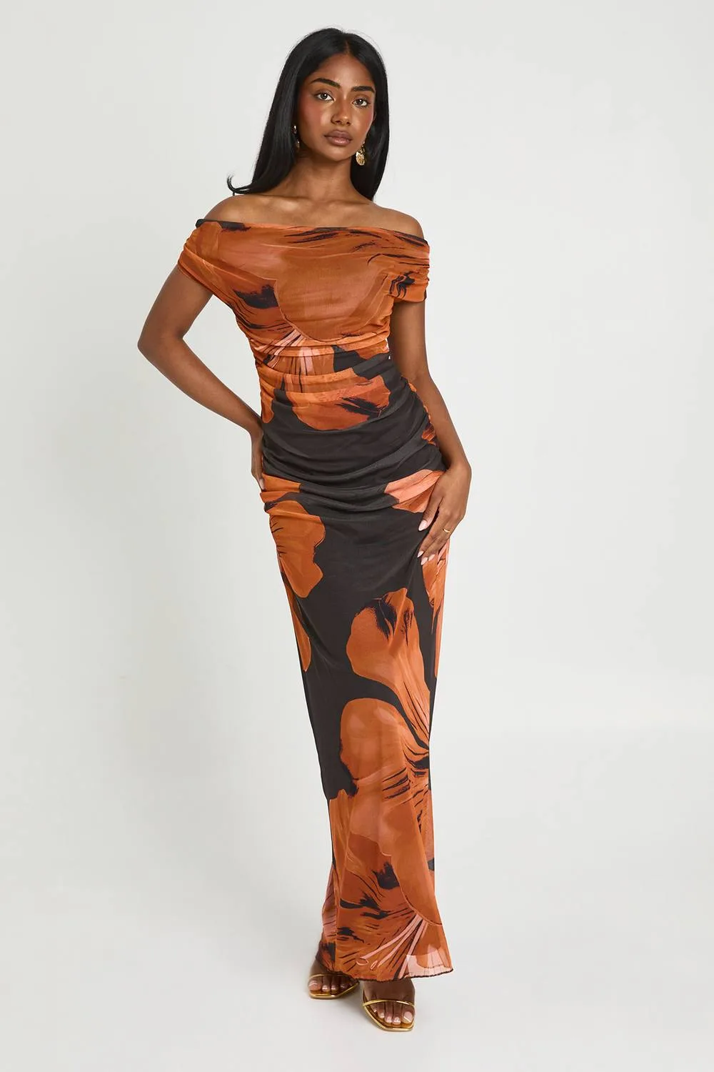 Off the Shoulder Large Tonal Floral Mesh Maxi Dress
