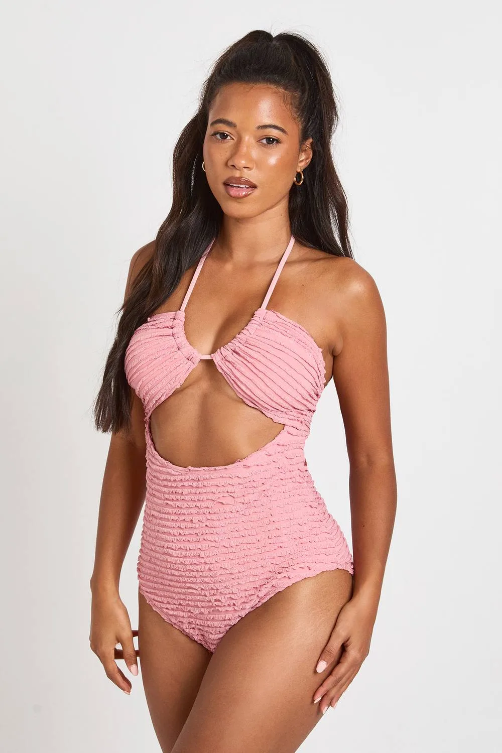 Textured Cut Out Halter Neck Swimsuit by boohoo