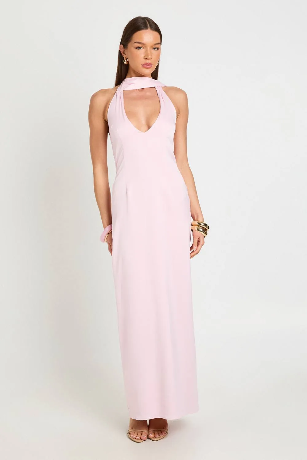 Satin Plunge Maxi Dress with Neck Tie by boohoo