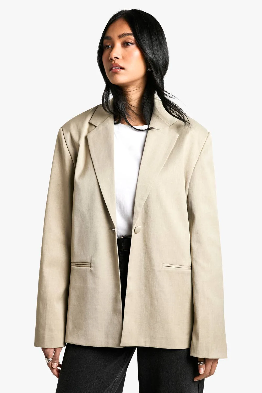 Tailored Single Breast Oversized Blazer - Stone by boohoo