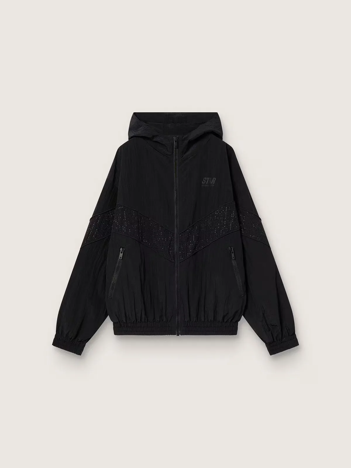 Windcheater in Black Nylon with Tone-On-Tone Crystals by Golden Goose