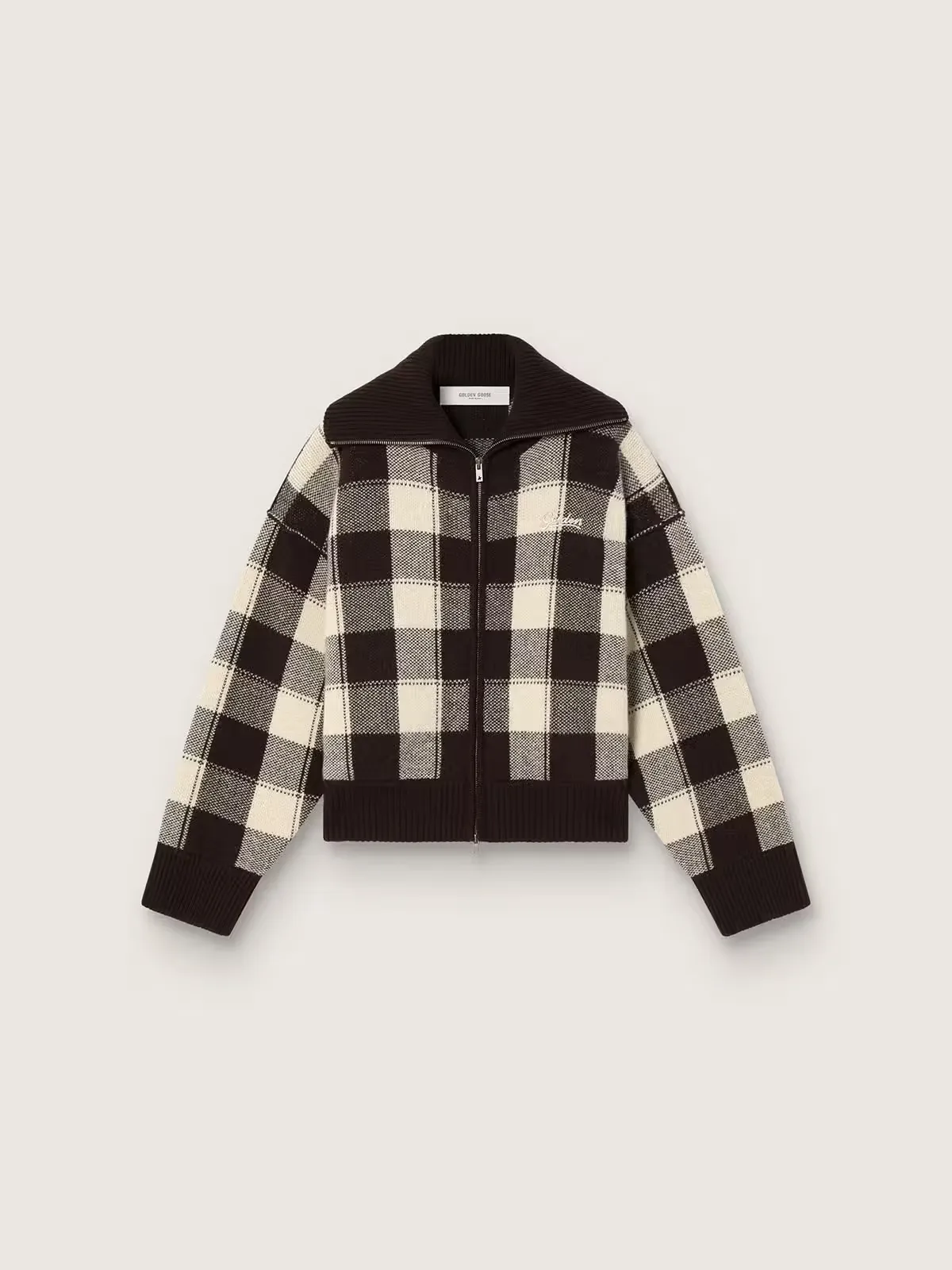 Bomber Jacket in Dark Brown and Cream Check Jacquard Wool by Golden Goose