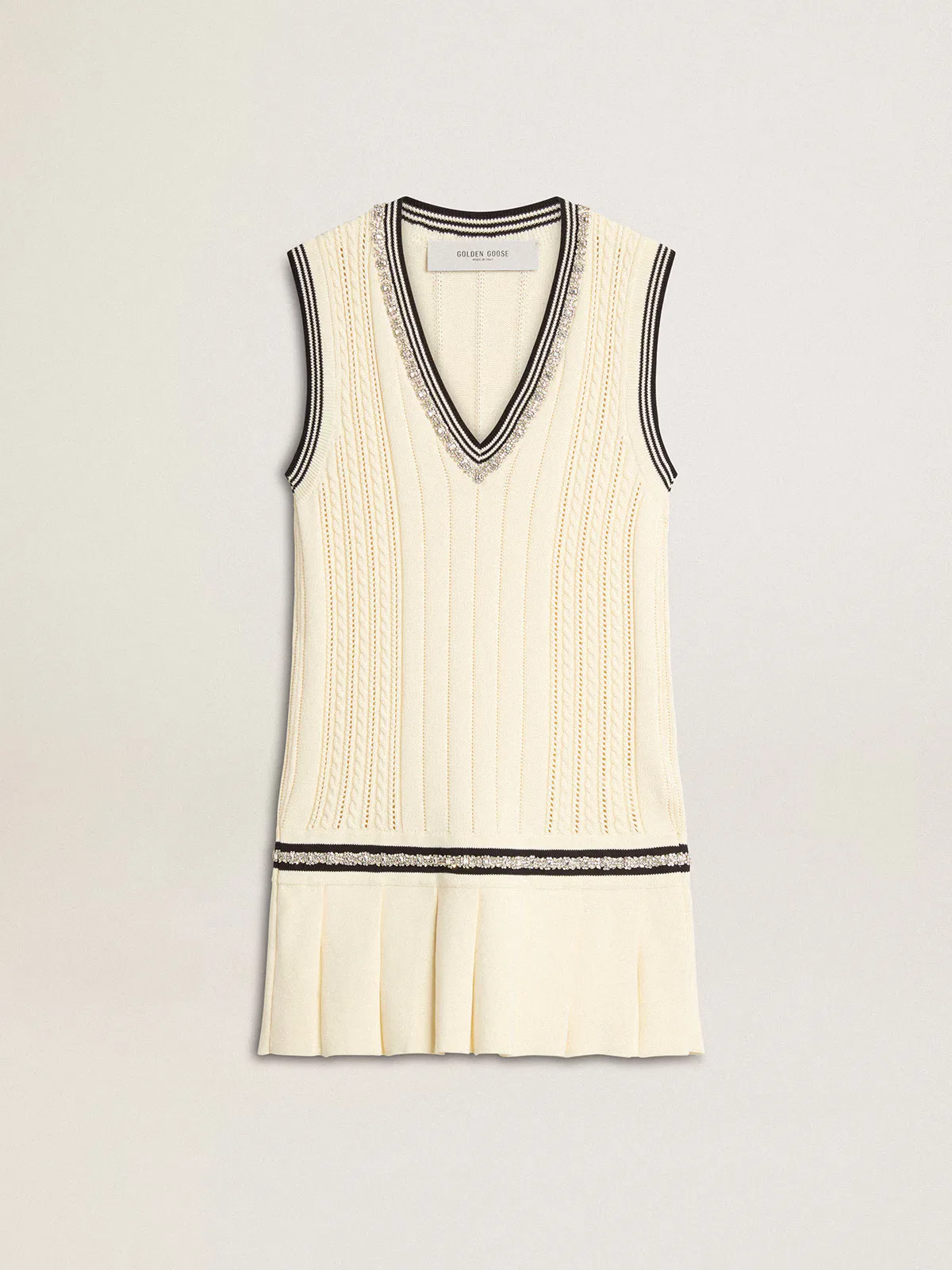 Worn-White Cotton Vest Dress with Dark Blue Ribbing and Crystals by Golden Goose