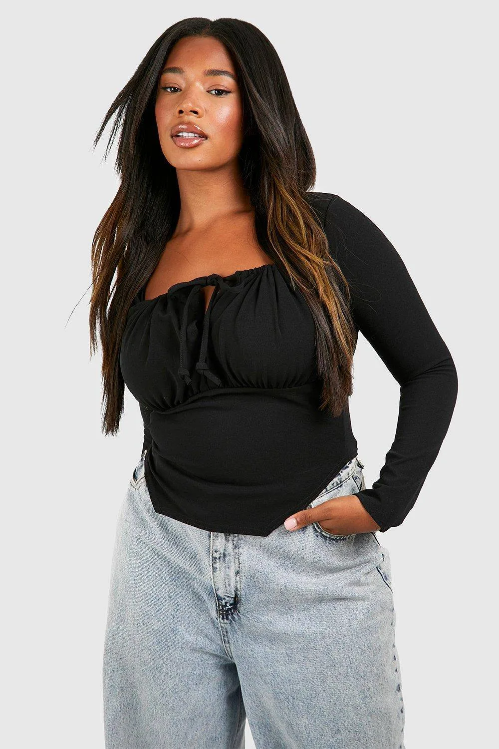 Tie Front Long Sleeve Corset Top by boohoo