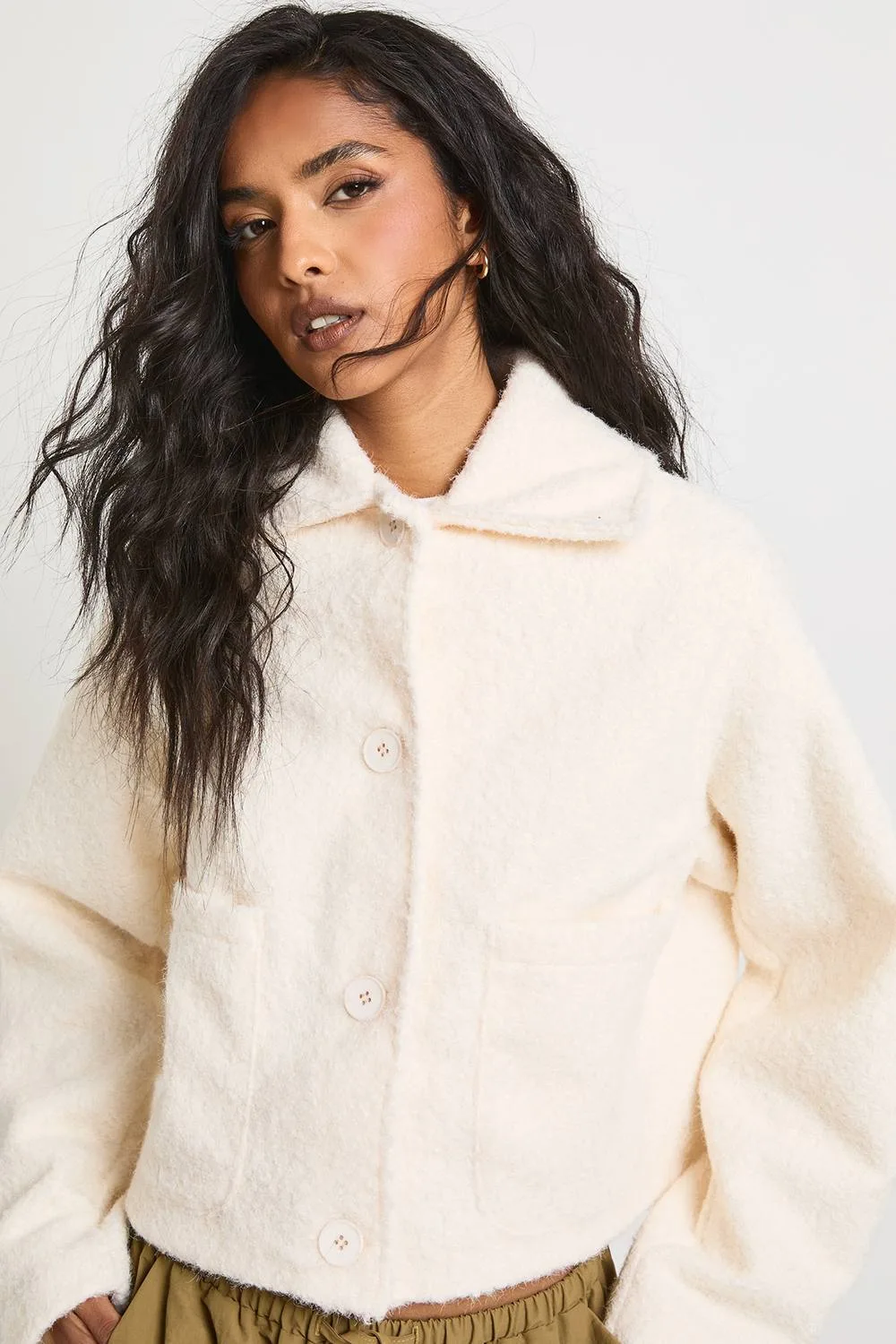 Wool Look Collared Button Up Pocket Detail Jacket by boohoo