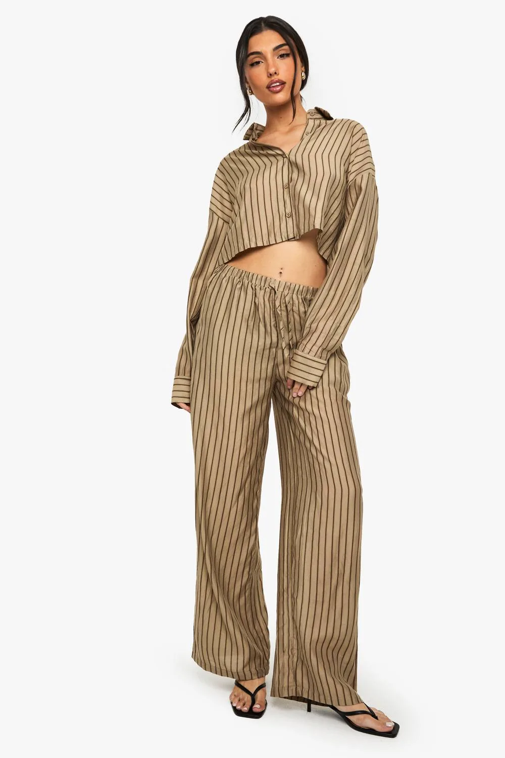 Boxy Stripe Long Sleeve Shirt & Wide Leg Trousers Beach Co-Ord by boohoo