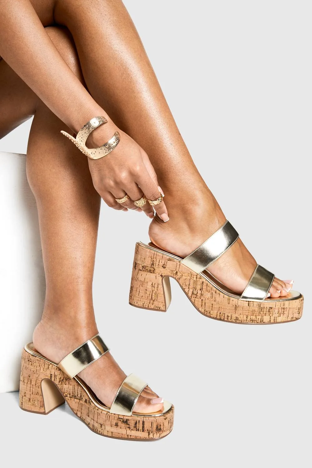 Wide Fit Double Strap Cork Platform Heeled Mules by boohoo