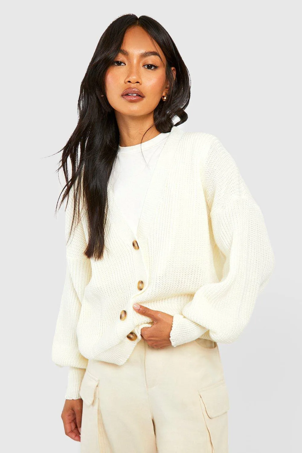 Balloon Sleeve Button Through Rib Cardigan by boohoo