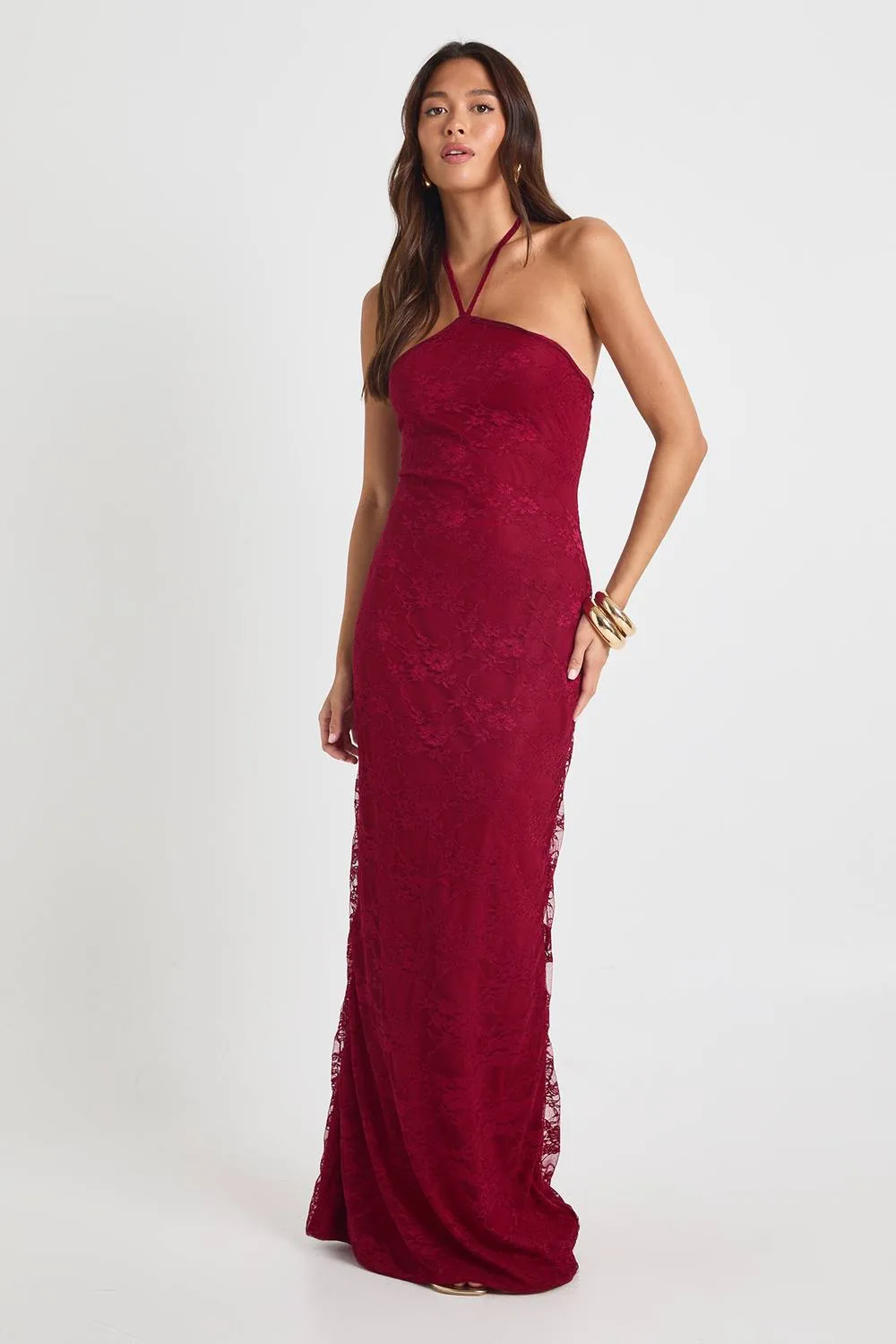 Lace Halter Neck Maxi Column Dress by boohoo