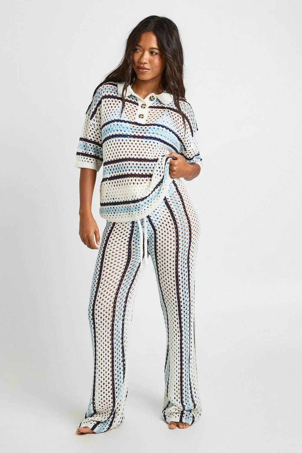 Stripe Crochet Beach Button Down Shirt & Wide Leg Trouser Co-Ord by boohoo