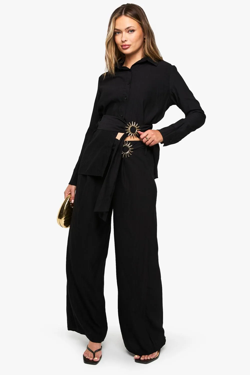 Crinkle Crepe Gold Trim Wide Leg Trouser by boohoo