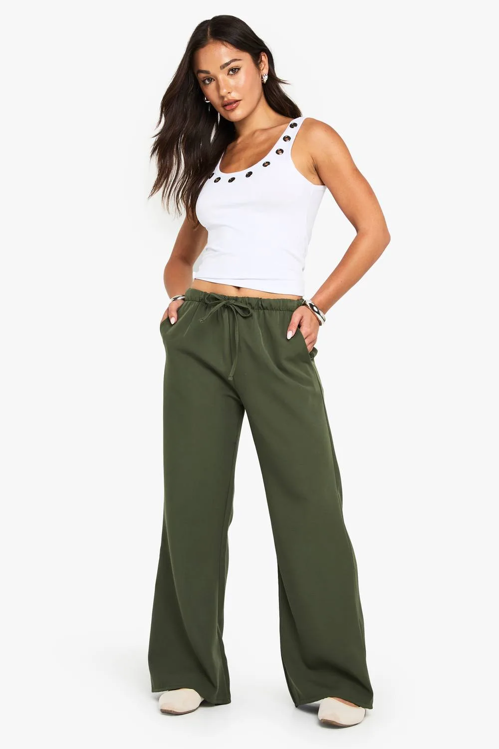 Woven Elasticated Waist Straight Leg Trousers