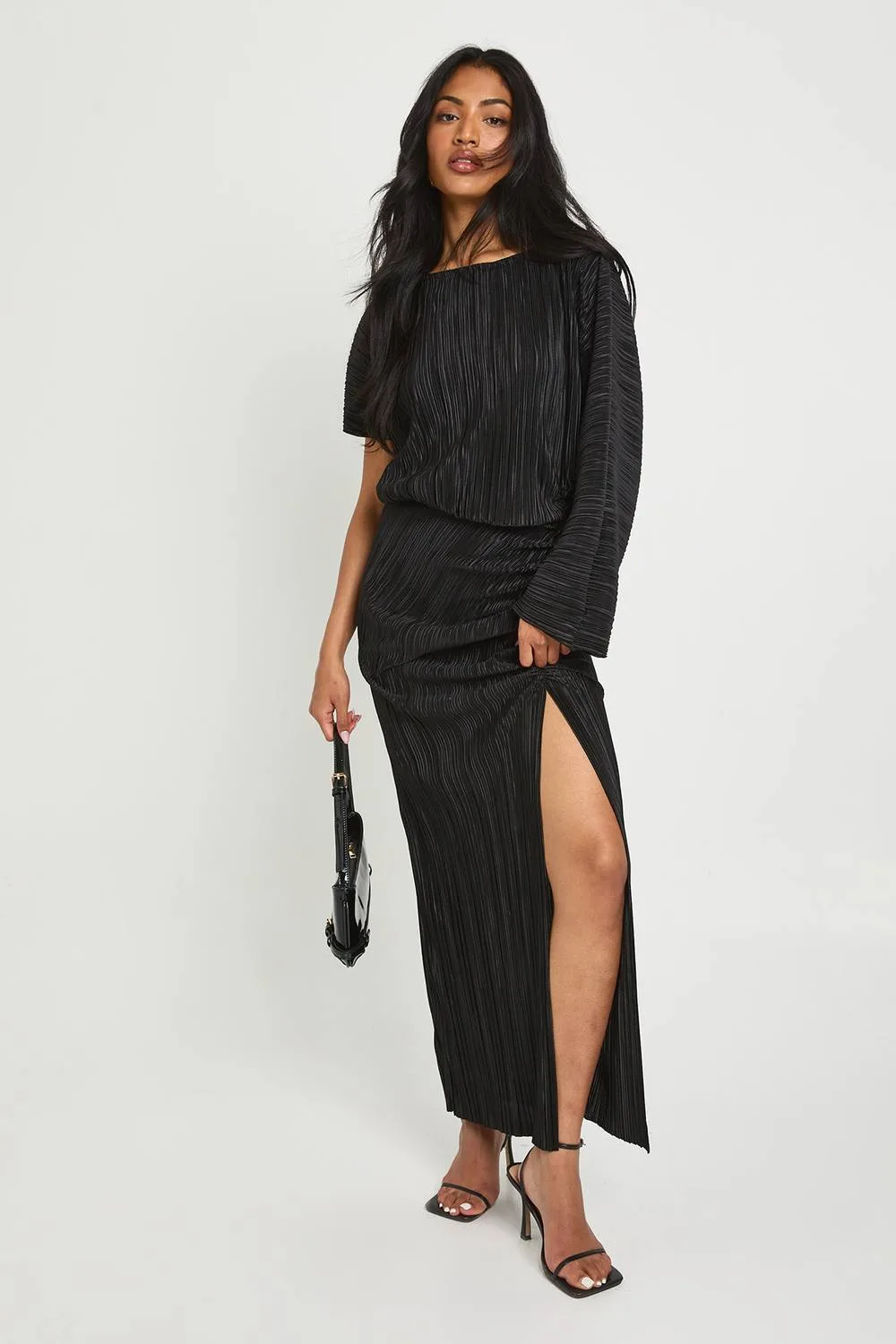 Plisse Ruched Split Maxi Dress by boohoo