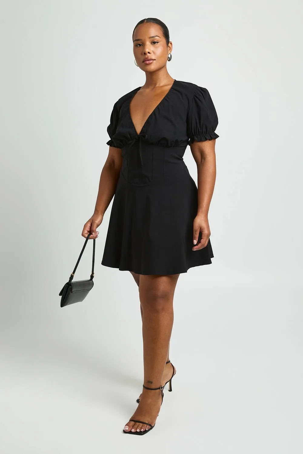 V Neck Puff Sleeve Smock Dress