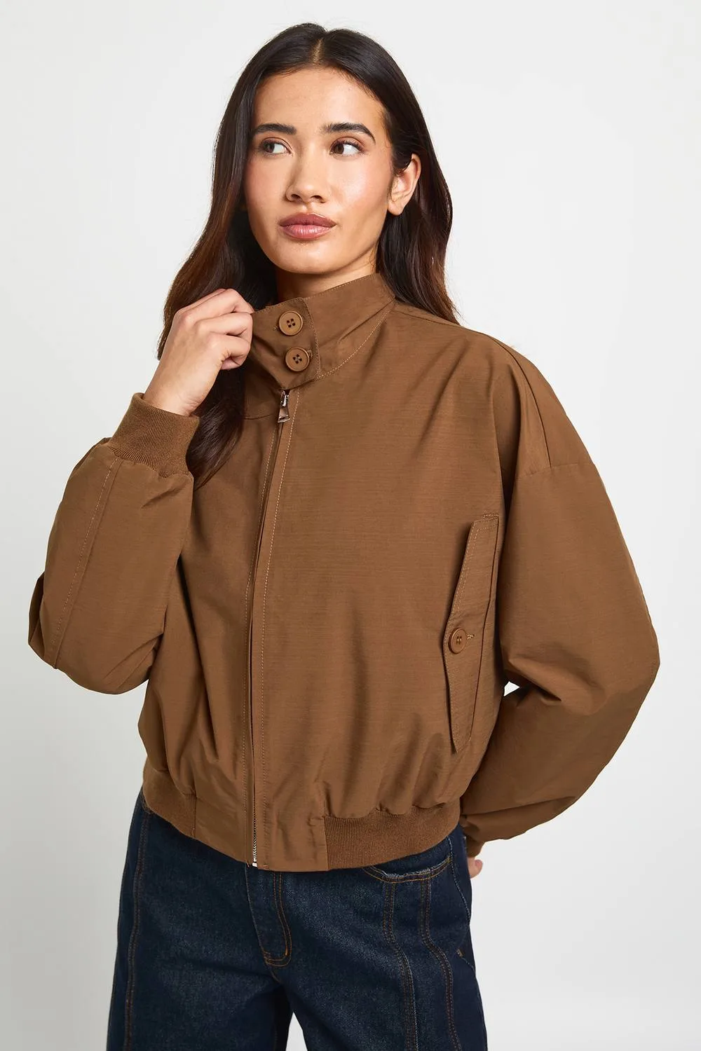 Button Up Funnel Neck Lightweight Bomber Jacket by boohoo