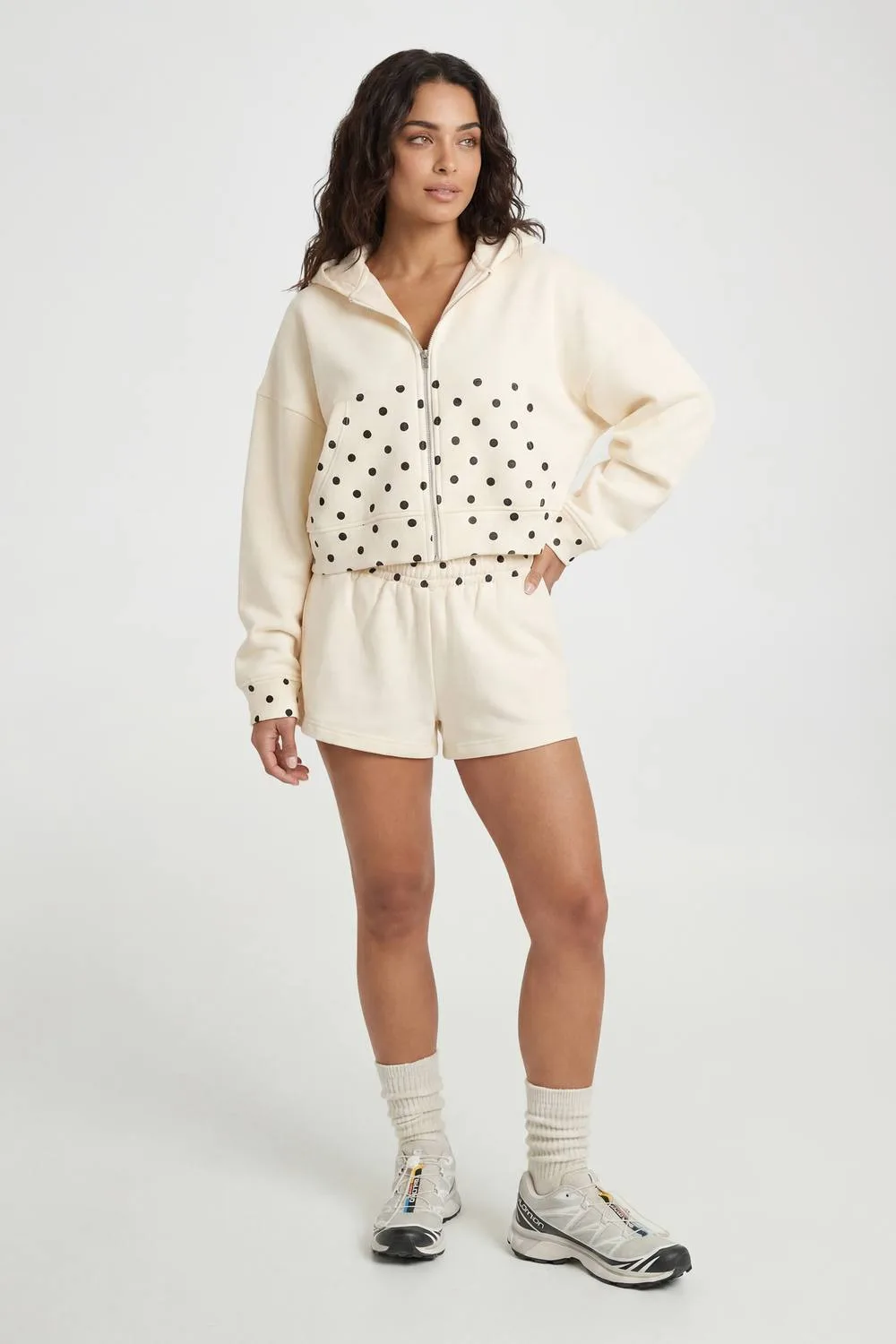 Polka Dot Detail Boxy Zip Through Hooded Short Tracksuit by boohoo