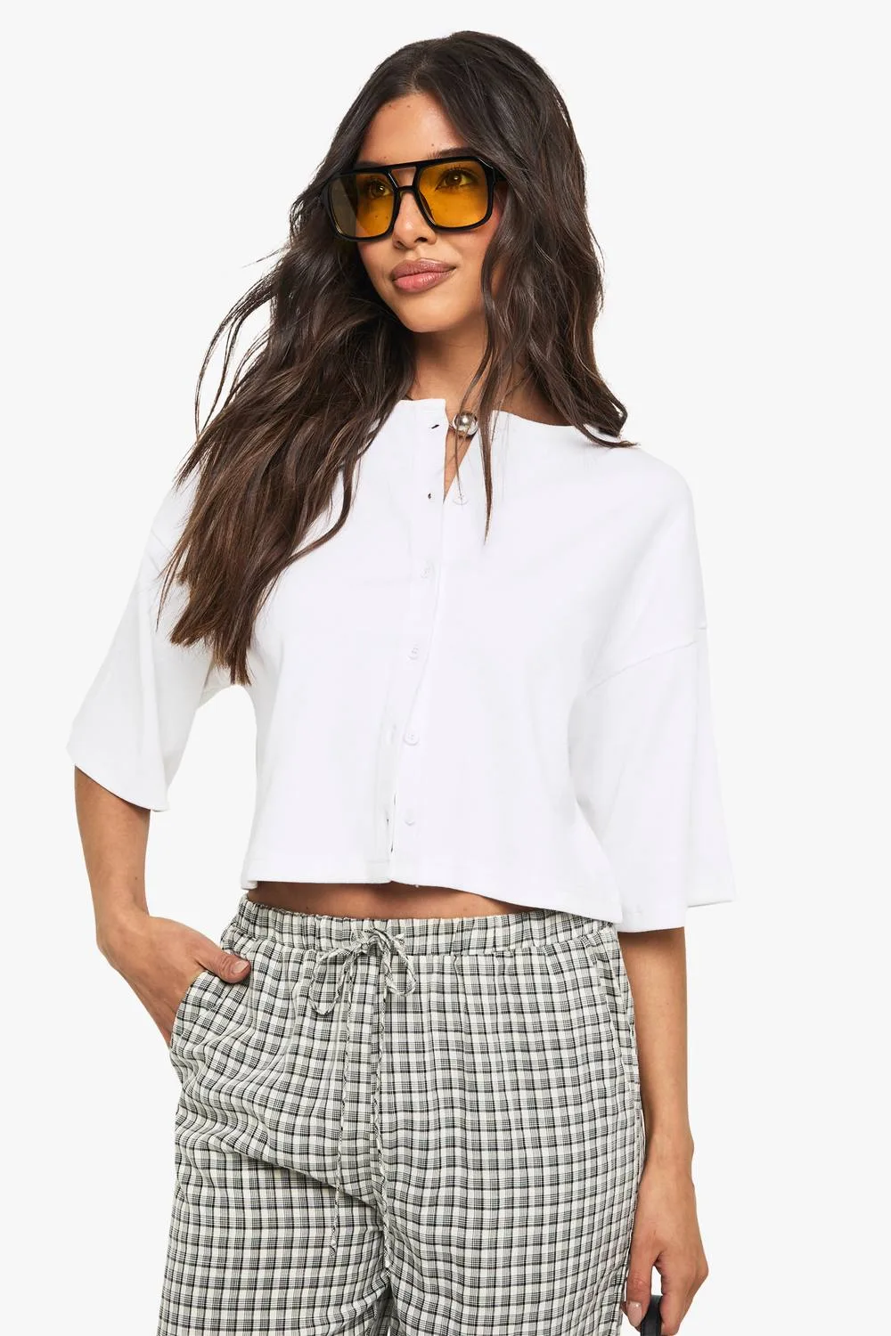 Rib Button Through Slouchy 3/4 Sleeve Top by boohoo