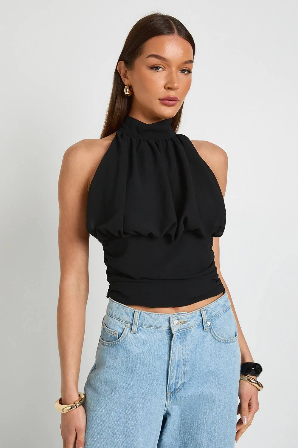 Chiffon Funnel Neck Balloon Top by boohoo