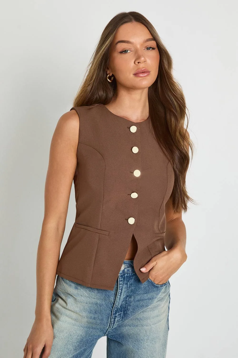 Button Trim Detail Tailored Waistcoat by boohoo