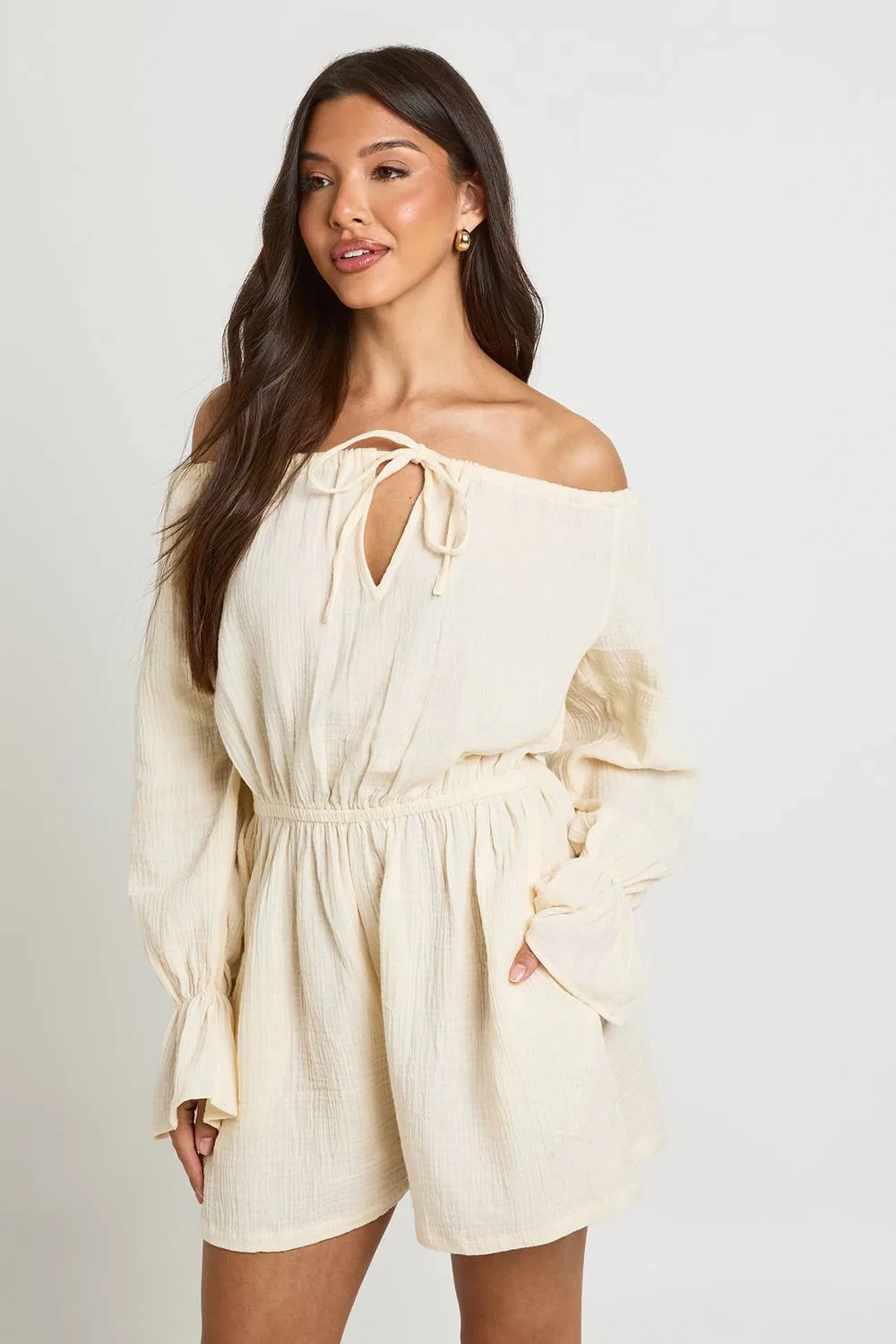 Textured Bardot Blouson Playsuit