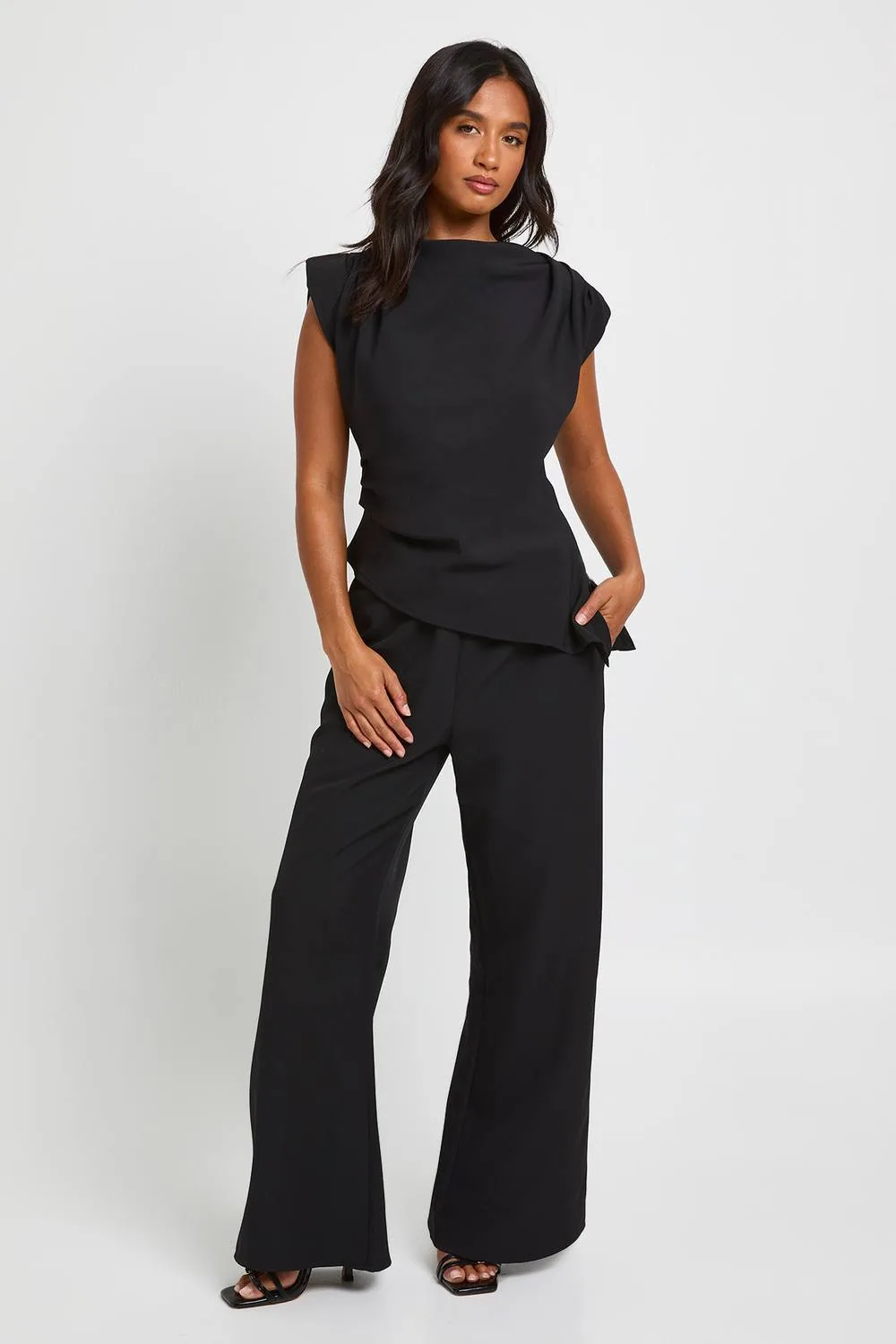 Asymmetric Shoulder Pad Top & Straight Leg Trouser Co-Ord