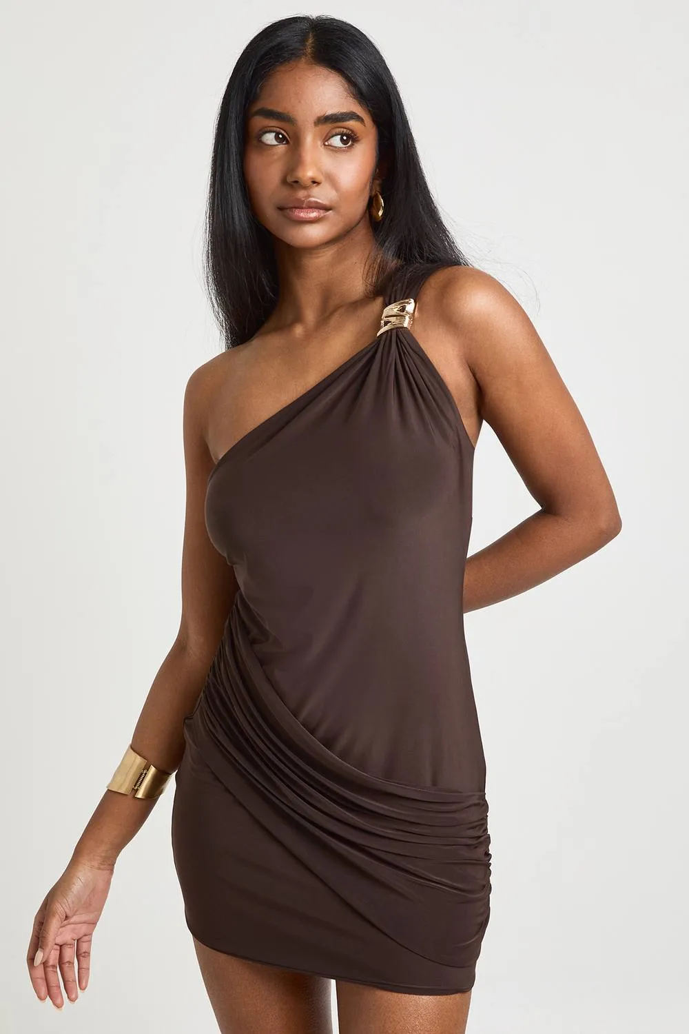 Slinky Gold Trim Detail One Shoulder Dress by boohoo