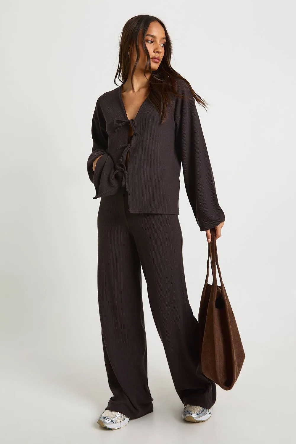 Rib Tie Front Blouse & Trouser Co-Ord by boohoo