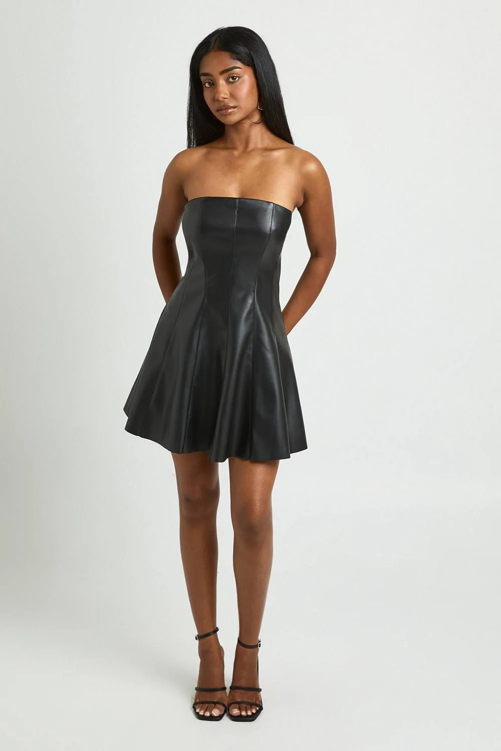 Leather Look Bandeau Mini Dress by boohoo