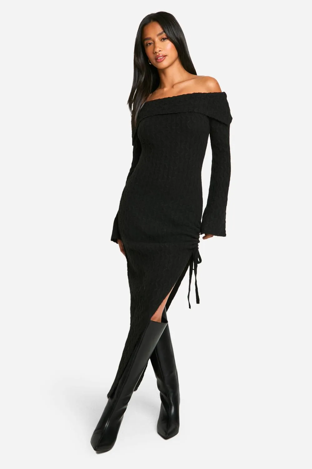 Soft Cable Asymmetric Hem Bardot Maxi Dress