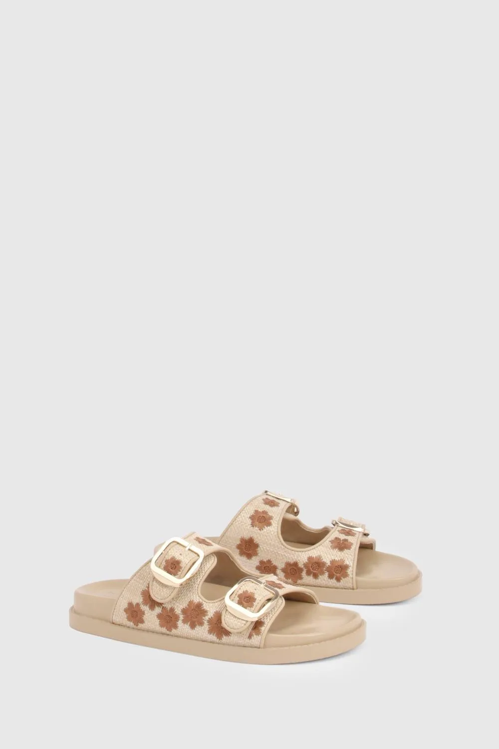 Raffia Flower Double Buckle Sliders by boohoo