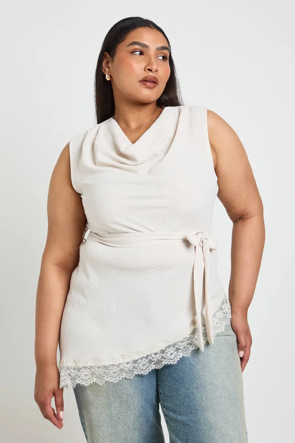 Cowl Neck Tie Waist Lace Hem Asymmetric Top by boohoo