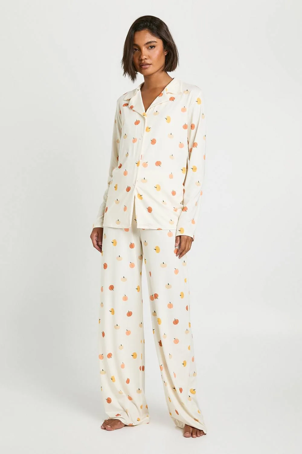 Halloween Ditsy Pumpkin Print Long Sleeve Shirt & Trousers Pyjama Set by boohoo