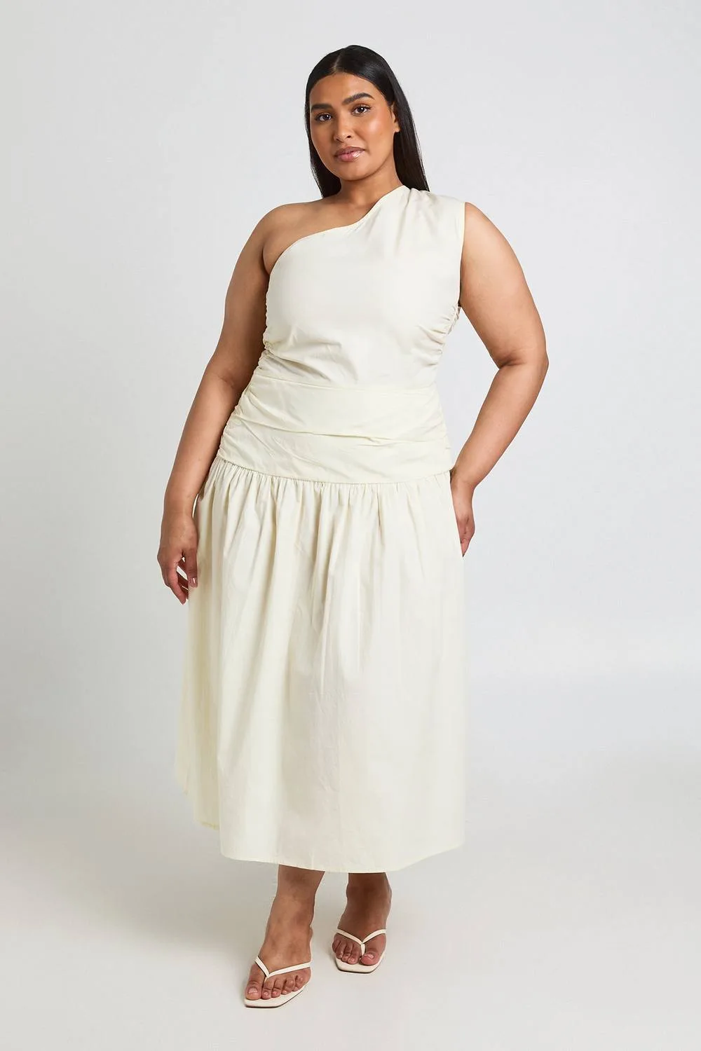 Cotton Poplin One Shoulder Ruched Midaxi Dress by boohoo