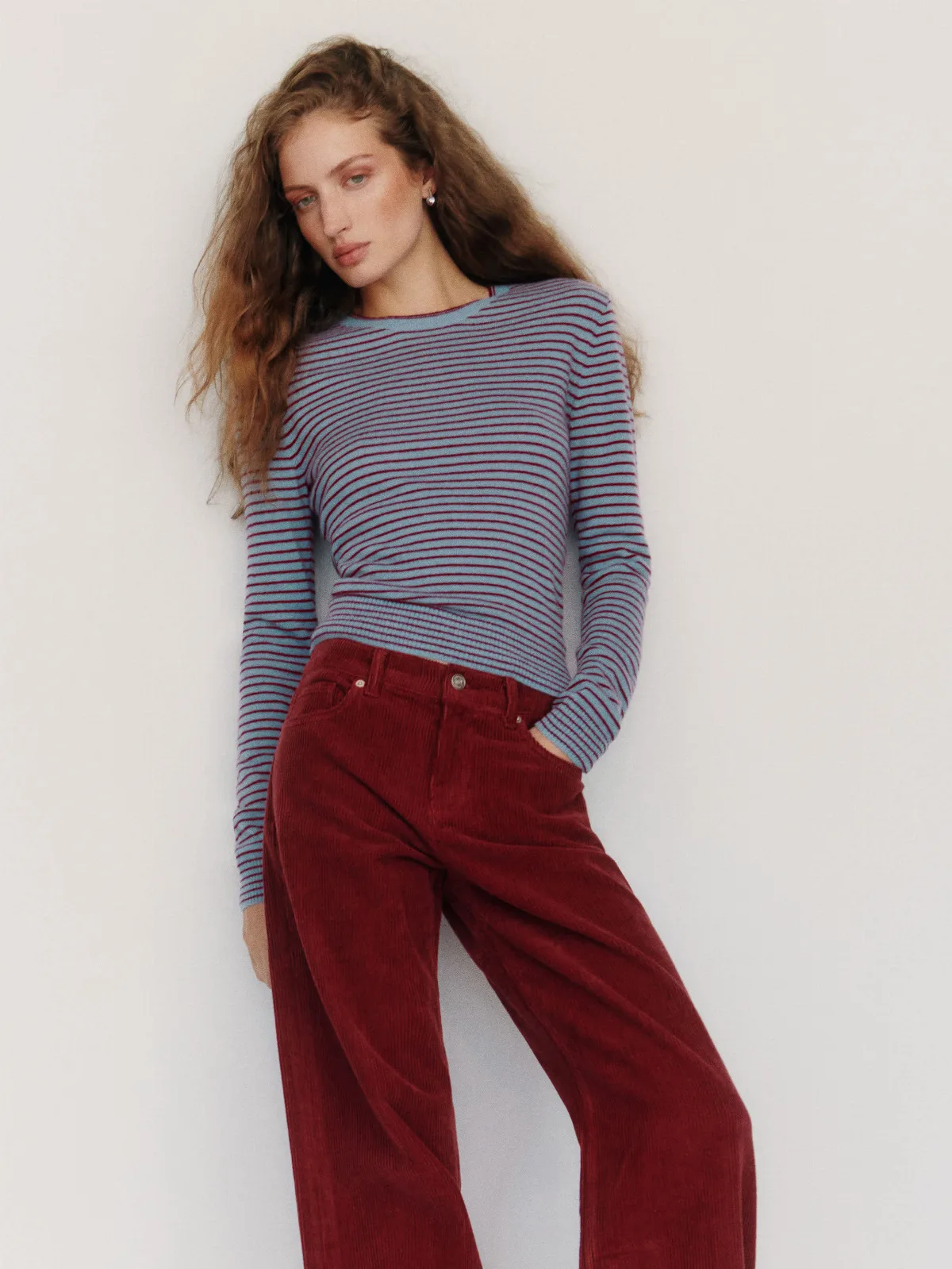Lian Cashmere Crew Sweater Bluebell Romance Feeder Stripe by Reformation