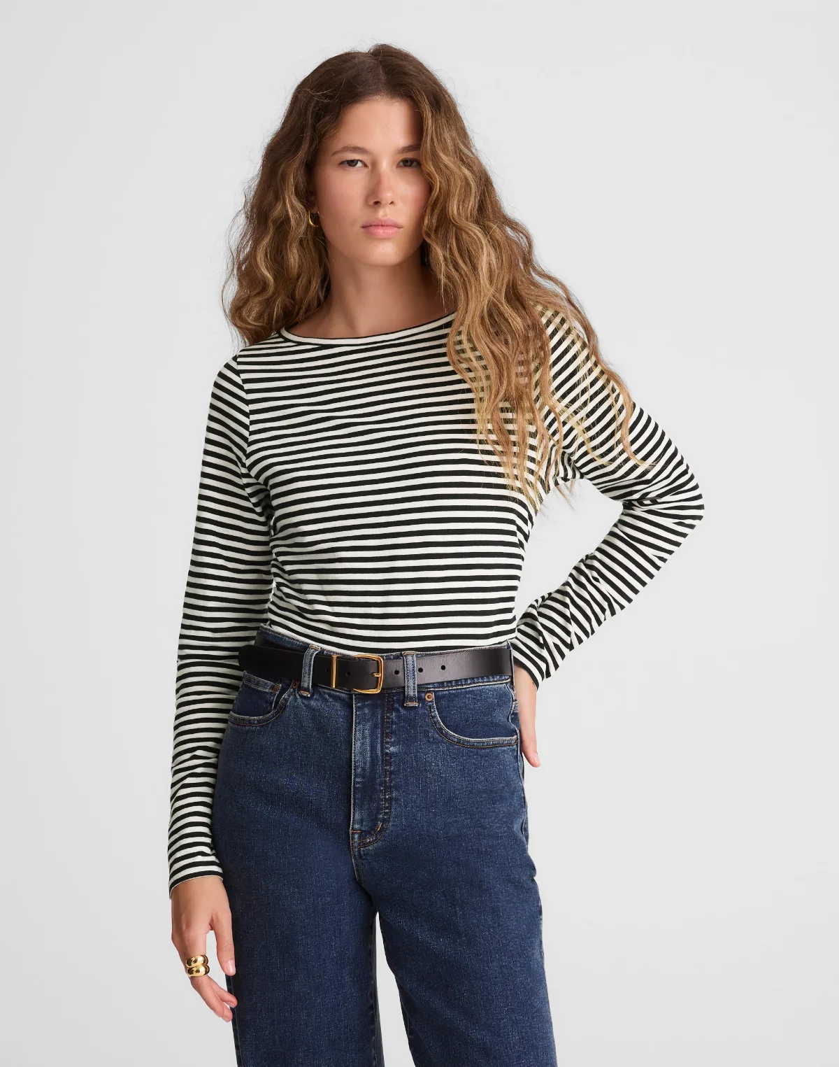 Striped Ruched Crewneck Long-Sleeve Tee in Soft Slub by MW