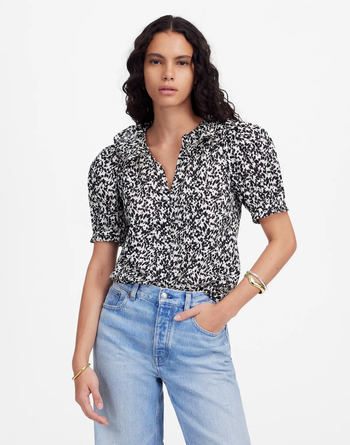 Ruffled Button-Front Top in Floral by MW