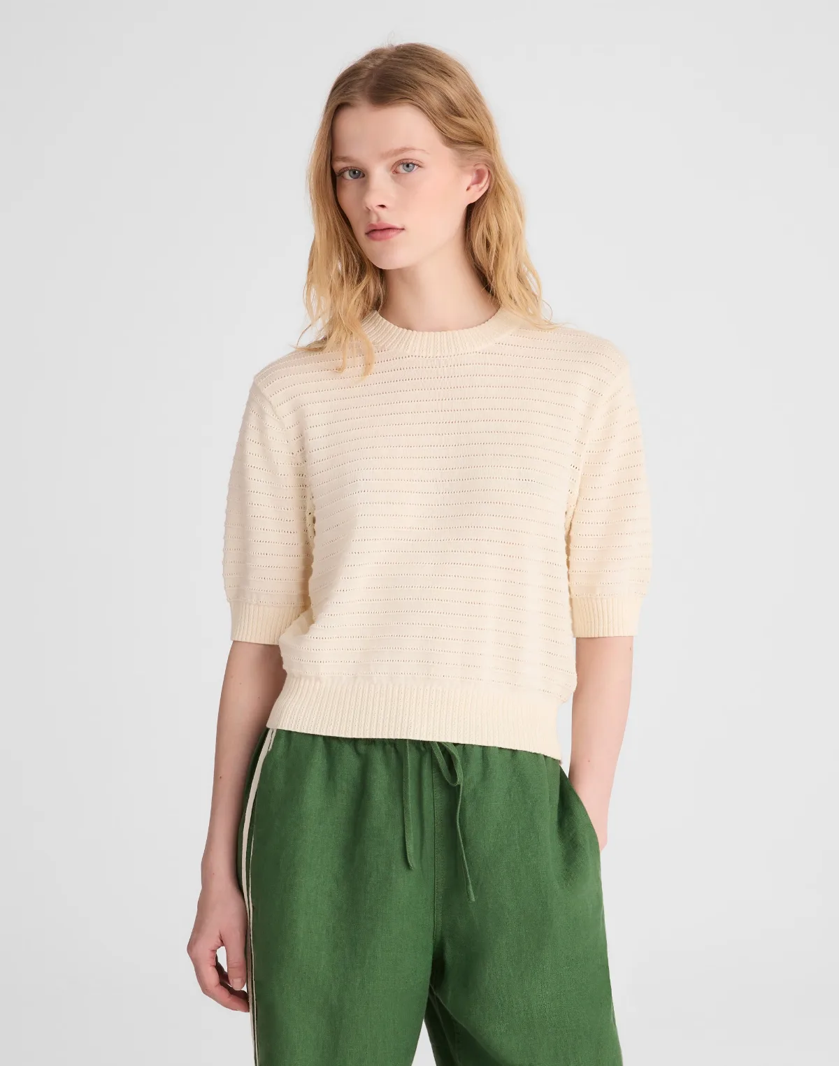 Textural-Stitch Crewneck Sweater in 100% Cotton by MW