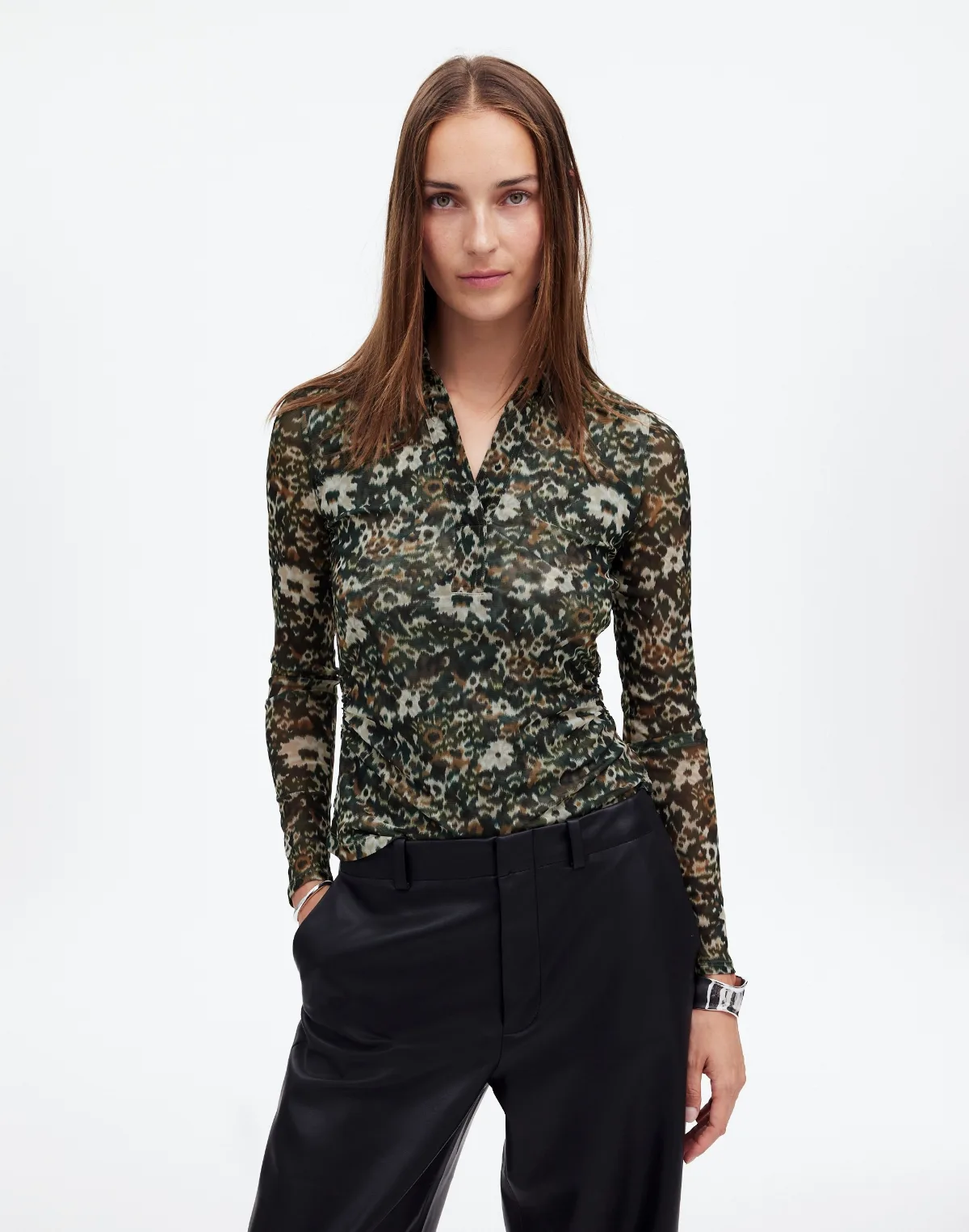 Long-Sleeve Polo Top in Floral Mesh by MW