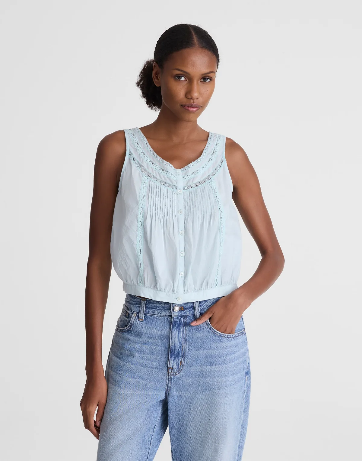 Lace-Insert Pintuck Sleeveless Top by MW