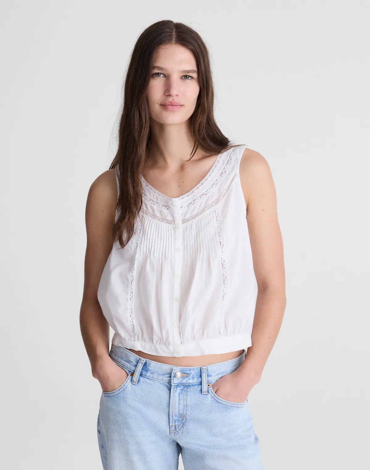 Lace-Insert Pintuck Sleeveless Top