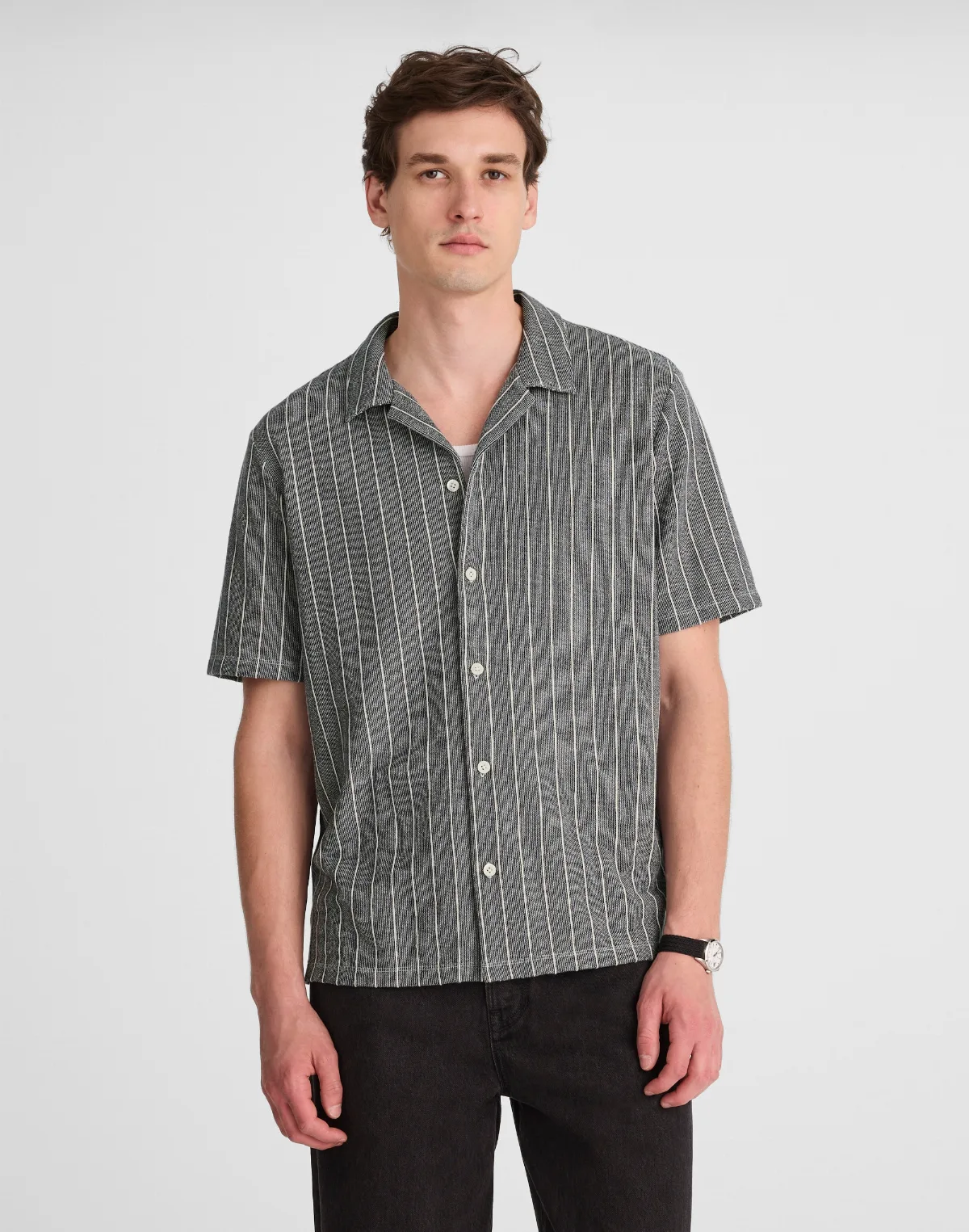 Textured Stripe Camp-Collar Shirt by MW