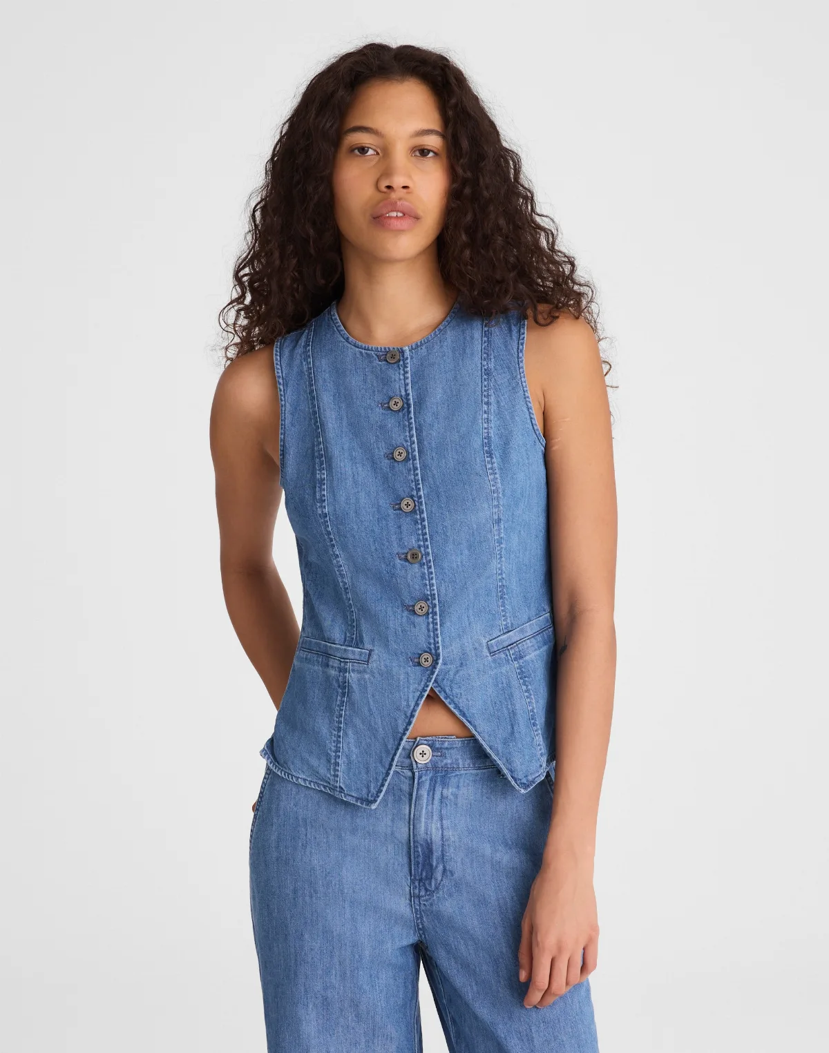 Denim Crewneck Cutaway Vest Top by MW