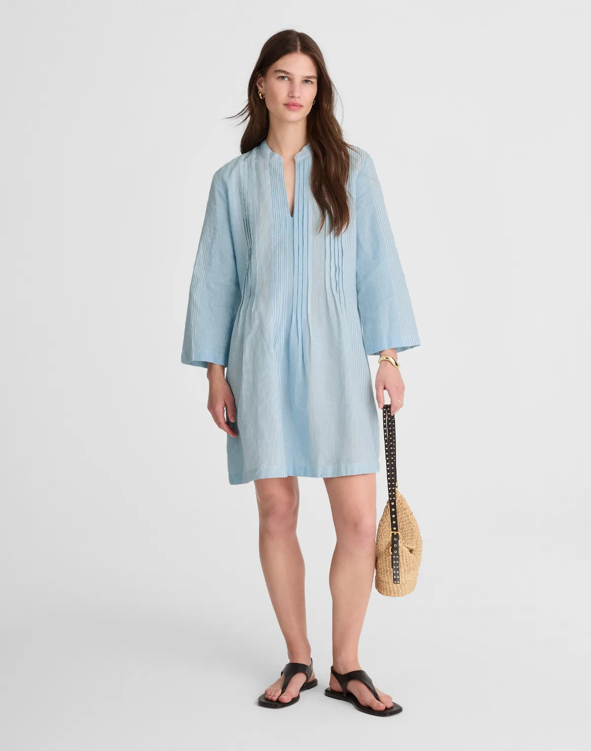 Pleated Splitneck Mini Shirtdress in Stripe